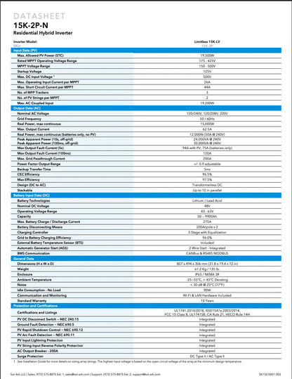Onduleur-Chargeur Hybrid Sol-Ark Whole Home 15K-2P 120 V – 15 kW continu, 200 A Pass-through, 10 ans Sol-Ark