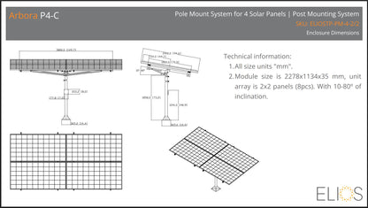 Elios Arbora P4-C – Système de montage sur poteau pour 4 panneaux (acier galvanisé, rails aluminium, garantie 5 ans) Boutique Solaire Québec