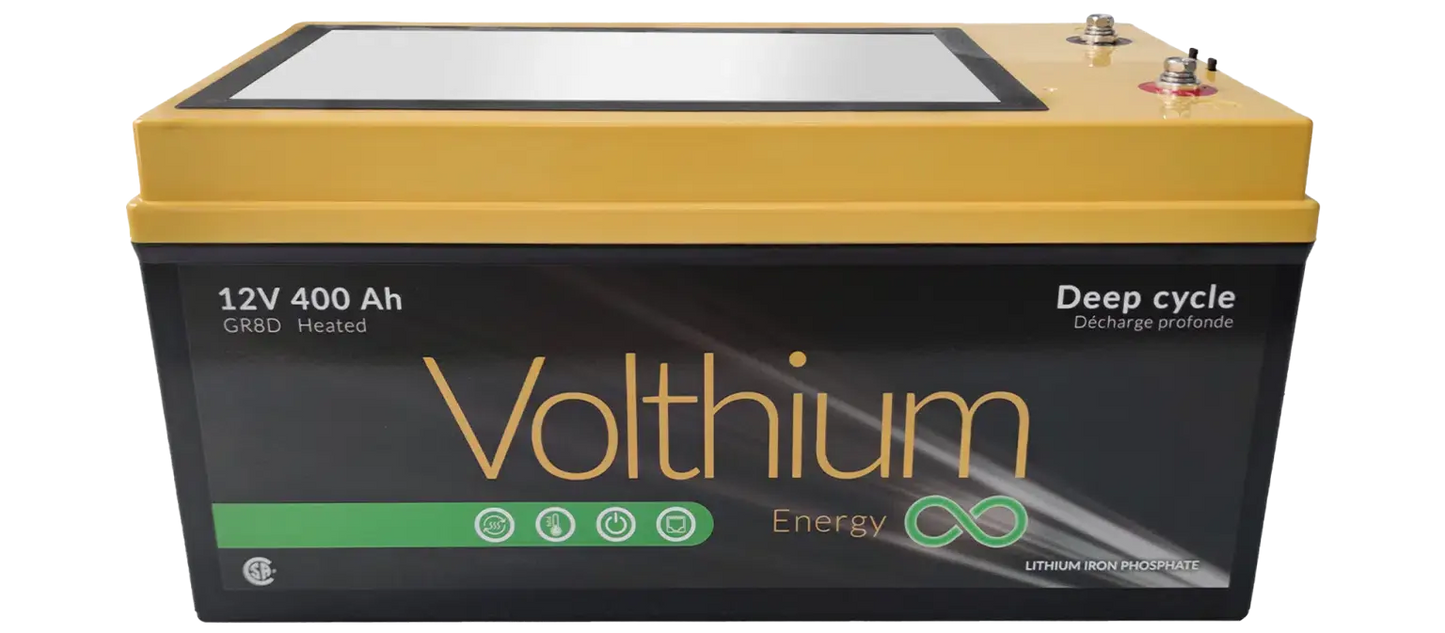 Batterie Volthium 12 V 400 Ah – Auto-chauffante LiFePO₄ 8D (Double chauffage, BMS accessible, IP55, 10 ans) Boutique Solaire Québec