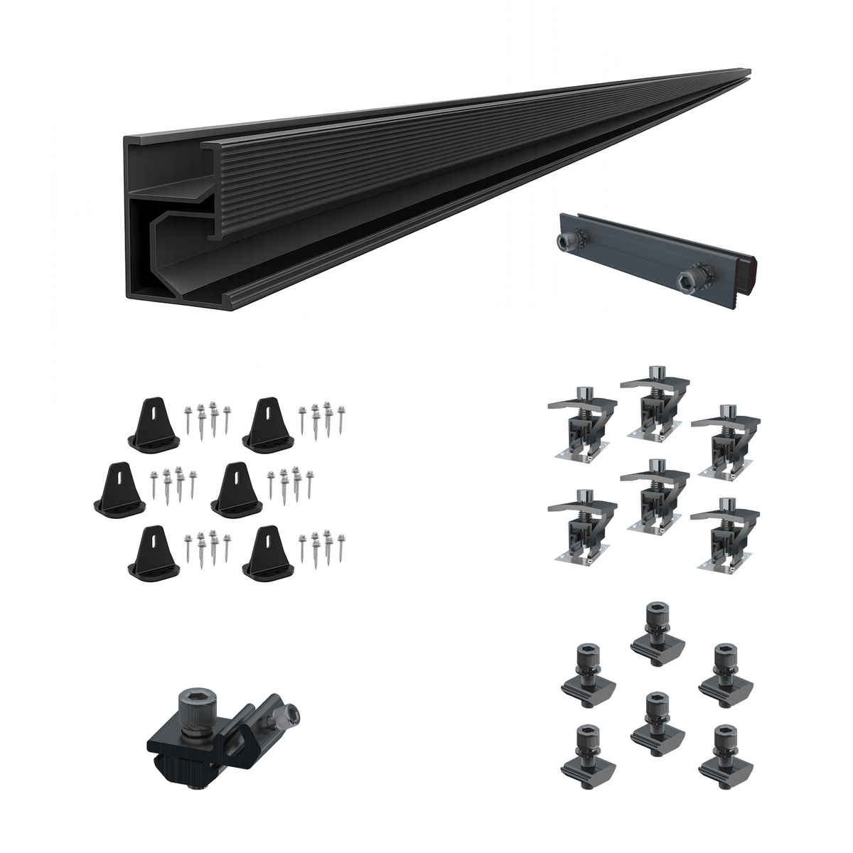 Composants du kit de fixation sur rail Elios noir pour 2 panneaux solaires