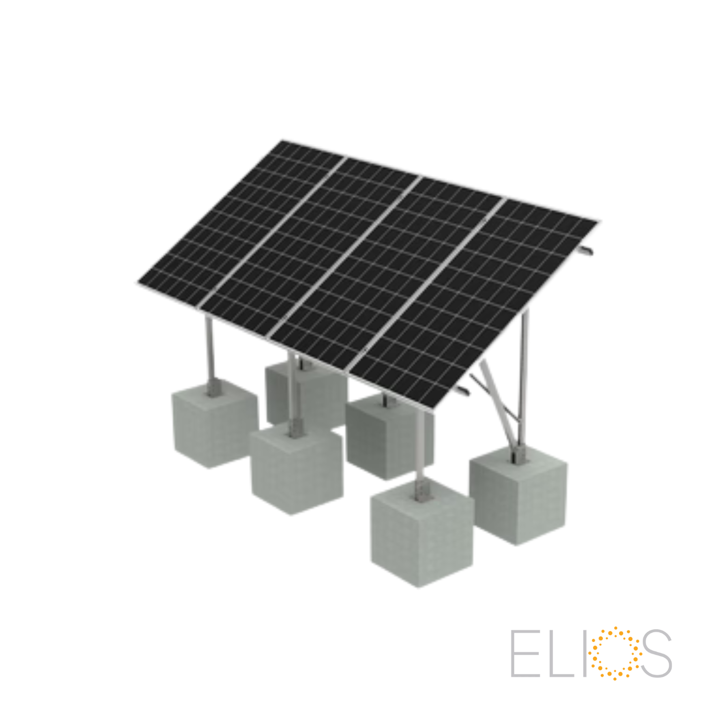 Elios Terra G4 – Système de montage au sol pour 4 panneaux 60/72 cellules (acier galvanisé + rails aluminium, 35°, garantie 5 ans)